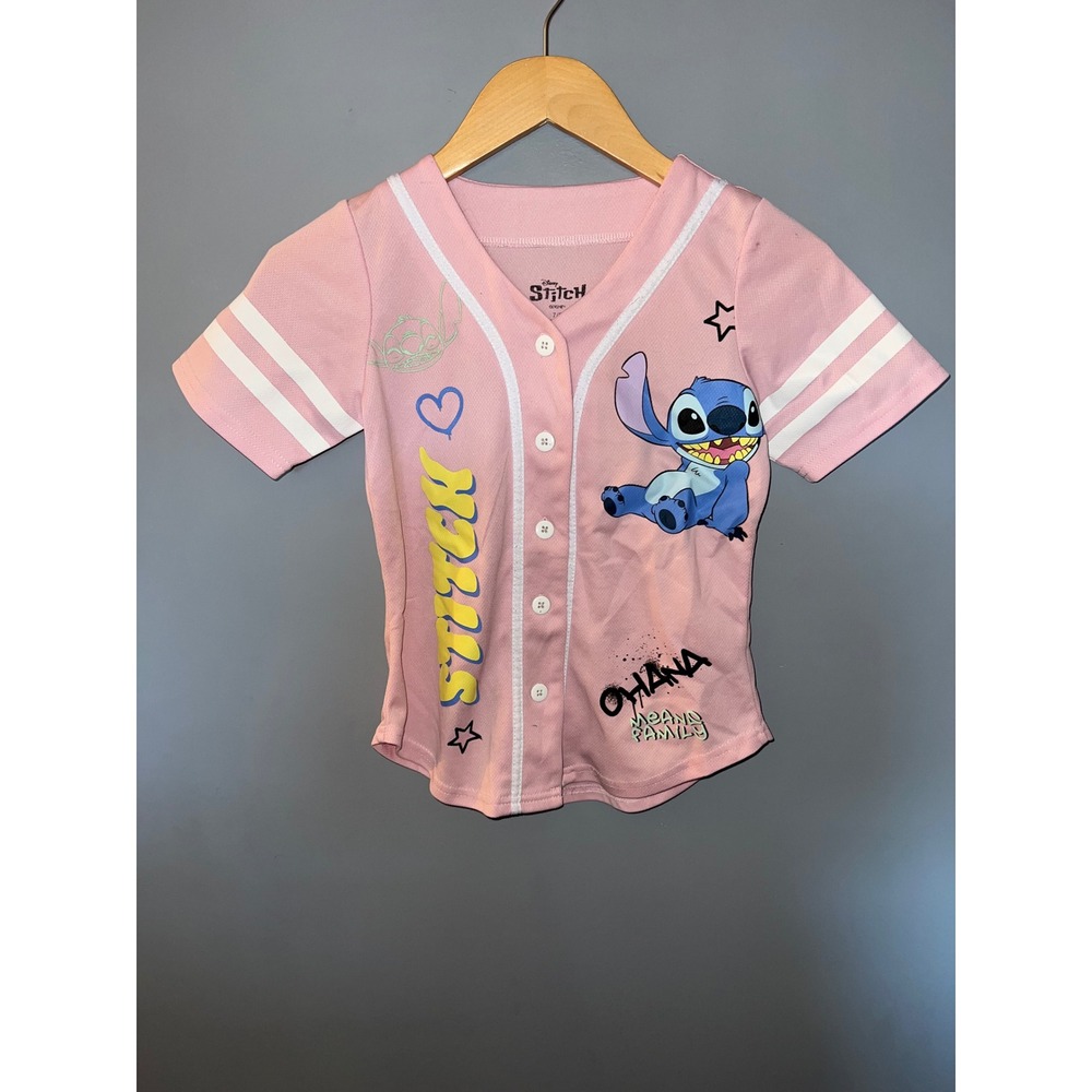 Disney Stitch Pink Baseball Jersey Girls Size 7/8 Ohana Means Family Graphic